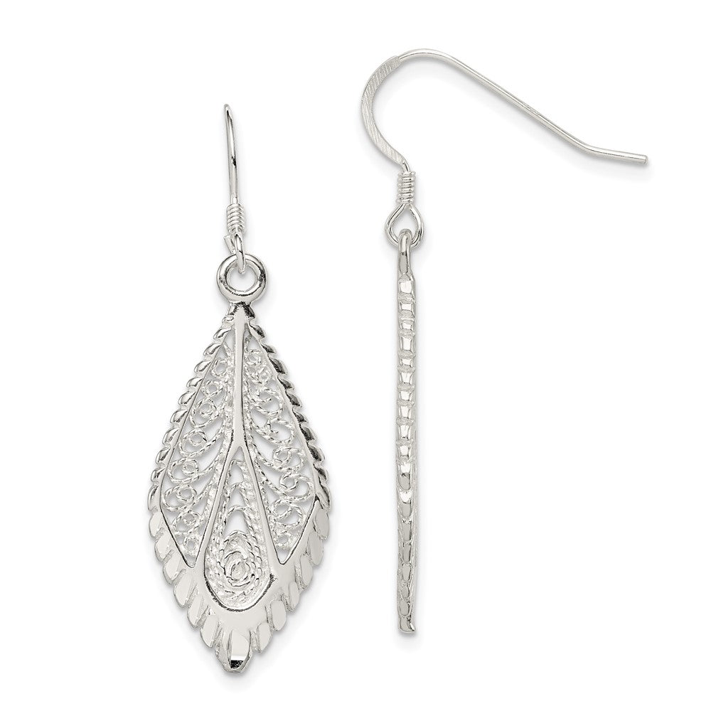 Sterling Silver Polished and Diamond-cut Fancy Filigree Teardrop Dangle Earrings