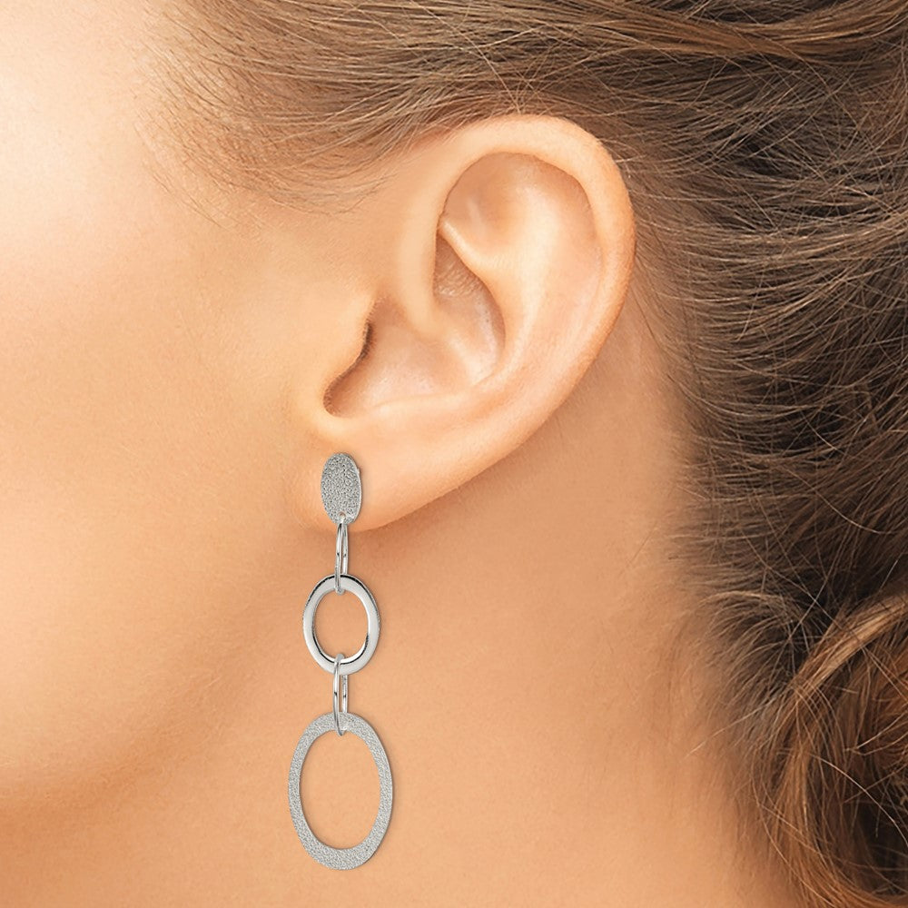 Sterling Silver Polished Textured Circle Oval Dangle Post Earrings
