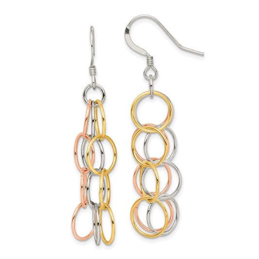 Sterling Silver Tri-color Vermeil Polished Dangle Earrings