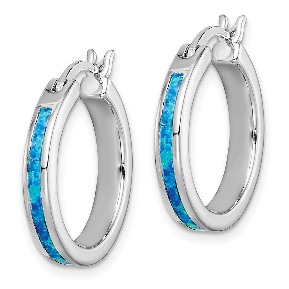 Sterling Silver Created Blue Opal Inlay Hoop Earrings