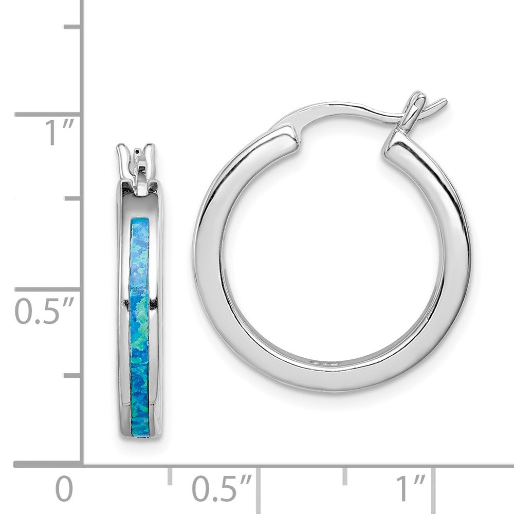 Sterling Silver Created Blue Opal Inlay Hoop Earrings