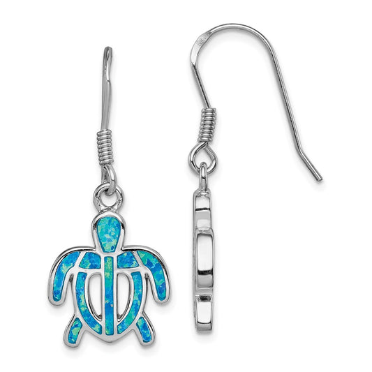 Sterling Silver Created Blue Opal Inlay Tortoise Dangle Earrings