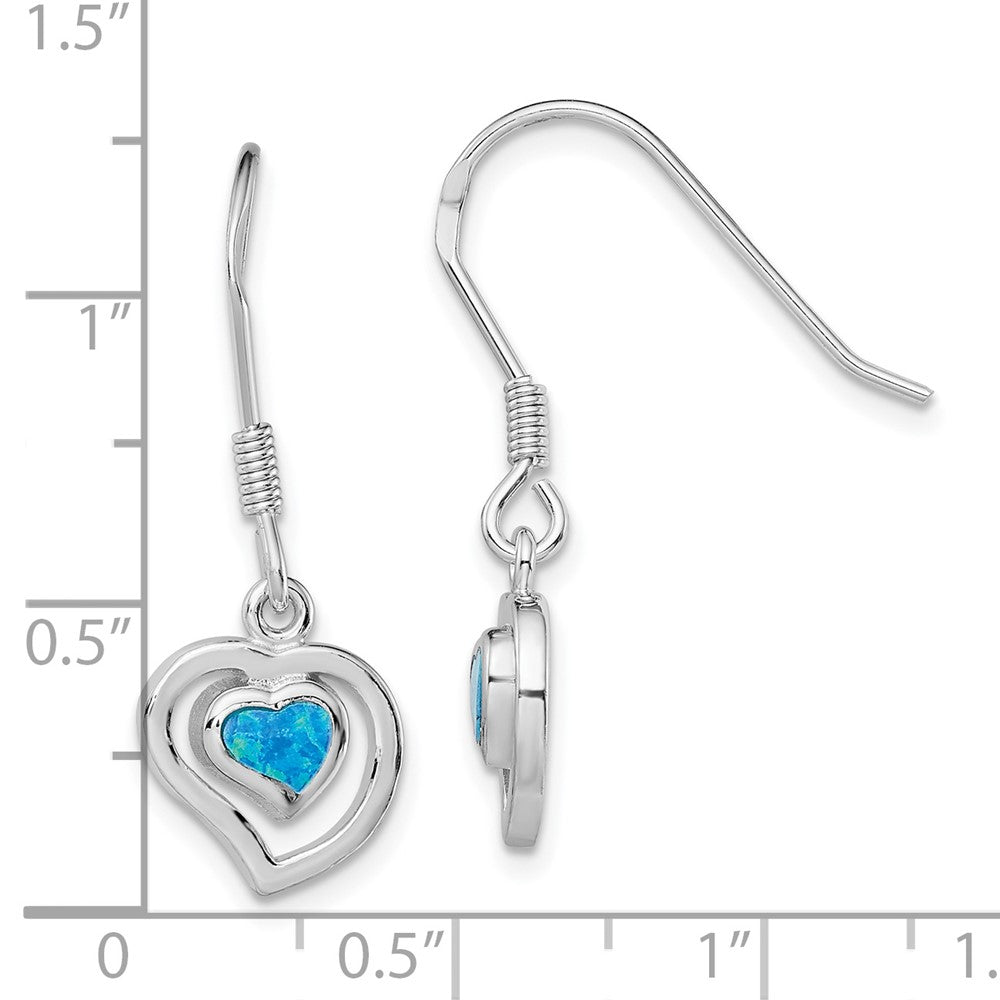Sterling Silver Created Blue Opal Inlay Center Heart Dangle Earrings