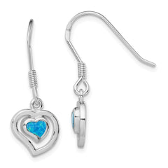 Sterling Silver Created Blue Opal Inlay Center Heart Dangle Earrings