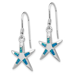 Sterling Silver Created Blue Opal Inlay Flat Starfish Dangle Earrings
