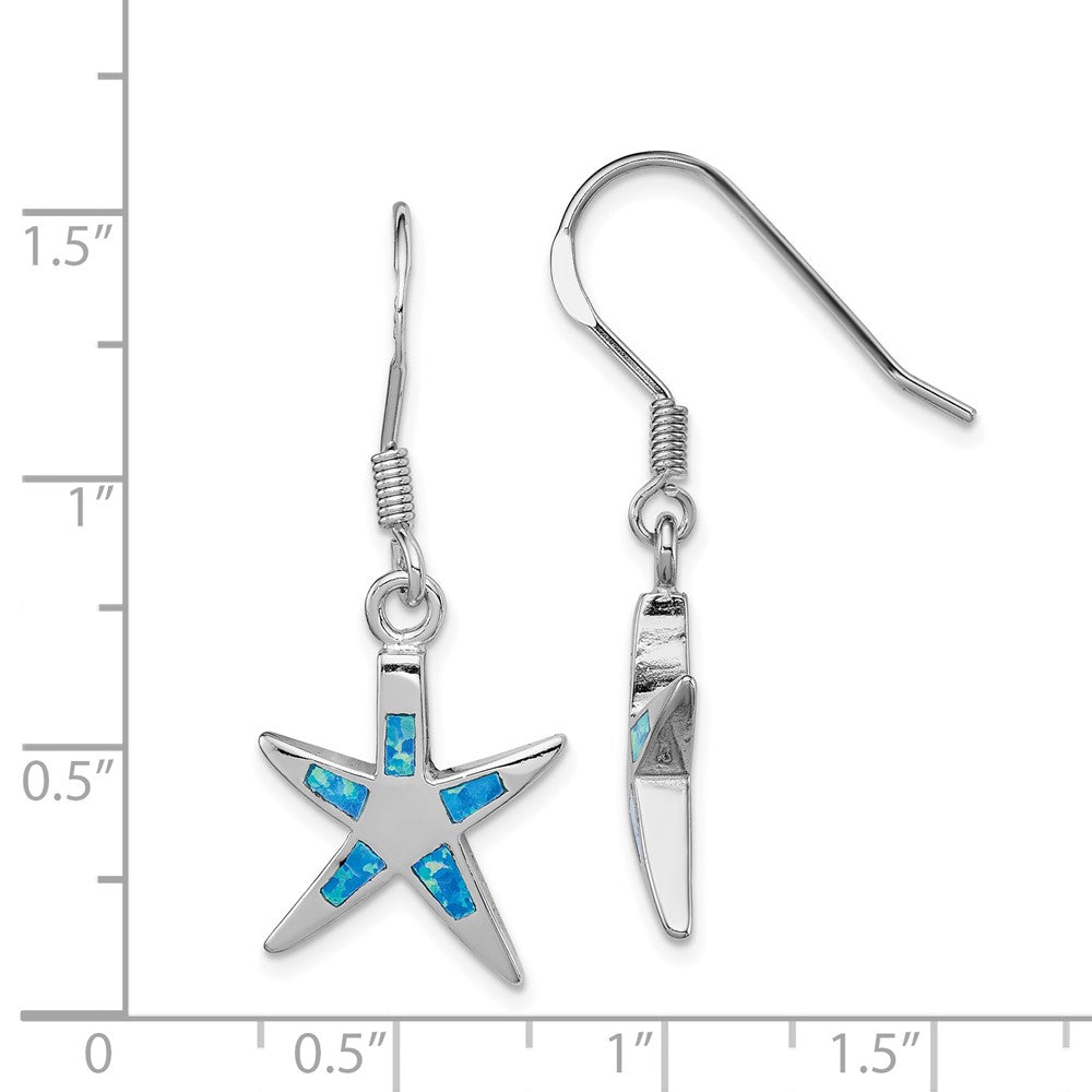 Sterling Silver Created Blue Opal Inlay Flat Starfish Dangle Earrings