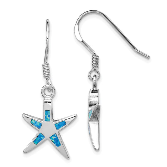 Sterling Silver Created Blue Opal Inlay Flat Starfish Dangle Earrings