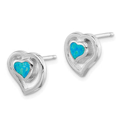 Sterling Silver Created Blue Opal Inlay Center Heart Post Earrings