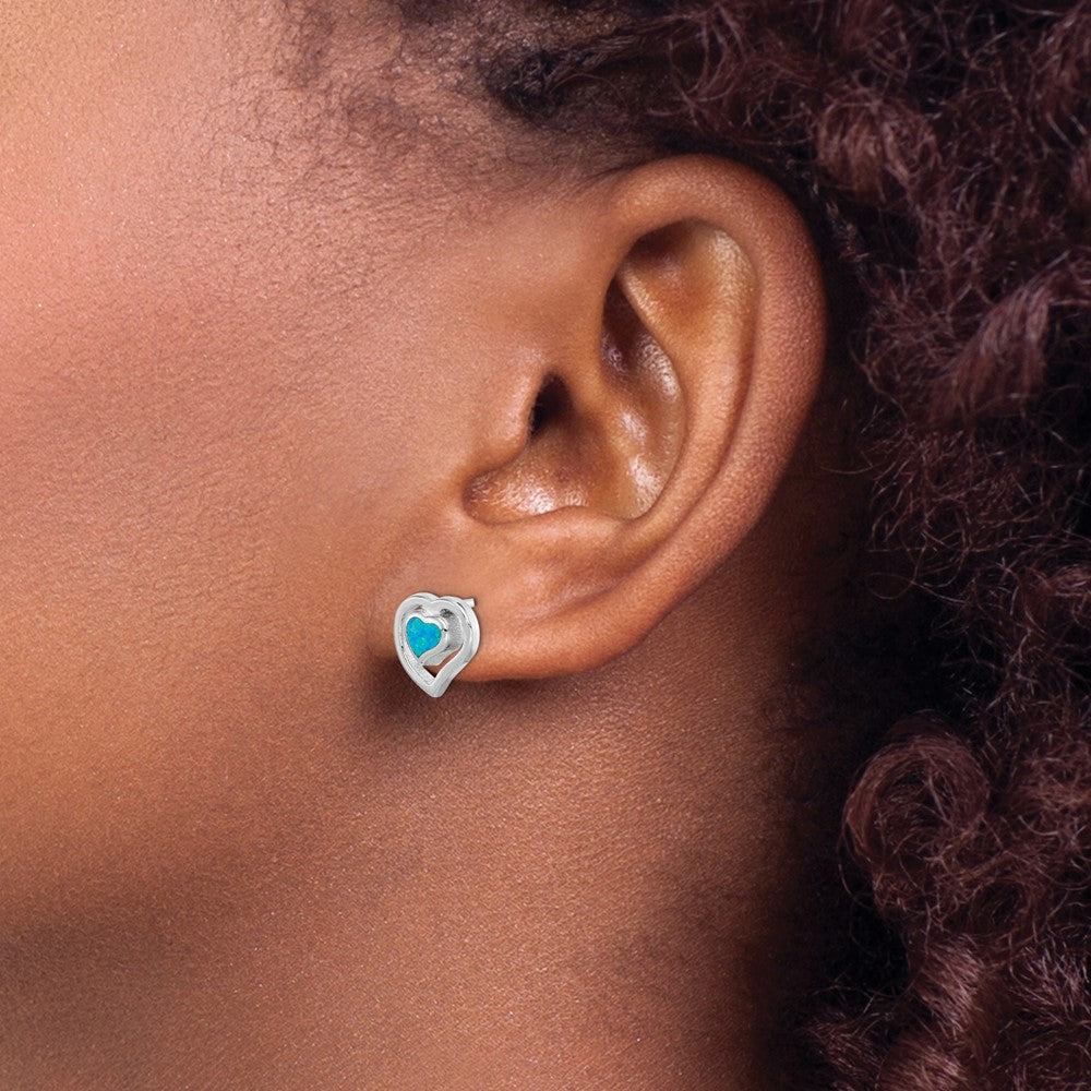Sterling Silver Created Blue Opal Inlay Center Heart Post Earrings