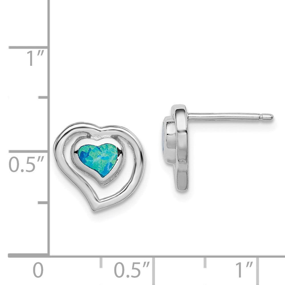 Sterling Silver Created Blue Opal Inlay Center Heart Post Earrings