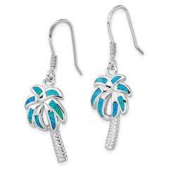 Sterling Silver Created Blue Opal Inlay Palm Tree Dangle Earrings