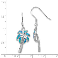 Sterling Silver Created Blue Opal Inlay Palm Tree Dangle Earrings