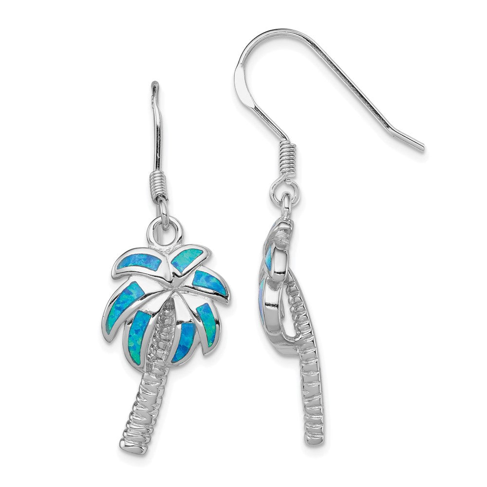 Sterling Silver Created Blue Opal Inlay Palm Tree Dangle Earrings