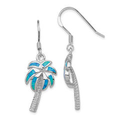 Sterling Silver Created Blue Opal Inlay Palm Tree Dangle Earrings