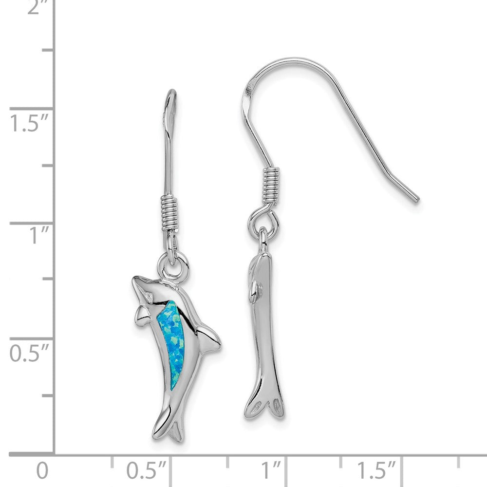Sterling Silver Created Blue Opal Inlay Dolphin Dangle Earrings
