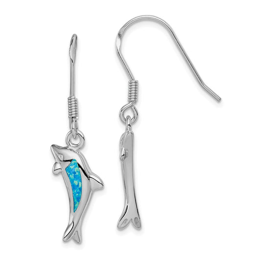 Sterling Silver Created Blue Opal Inlay Dolphin Dangle Earrings