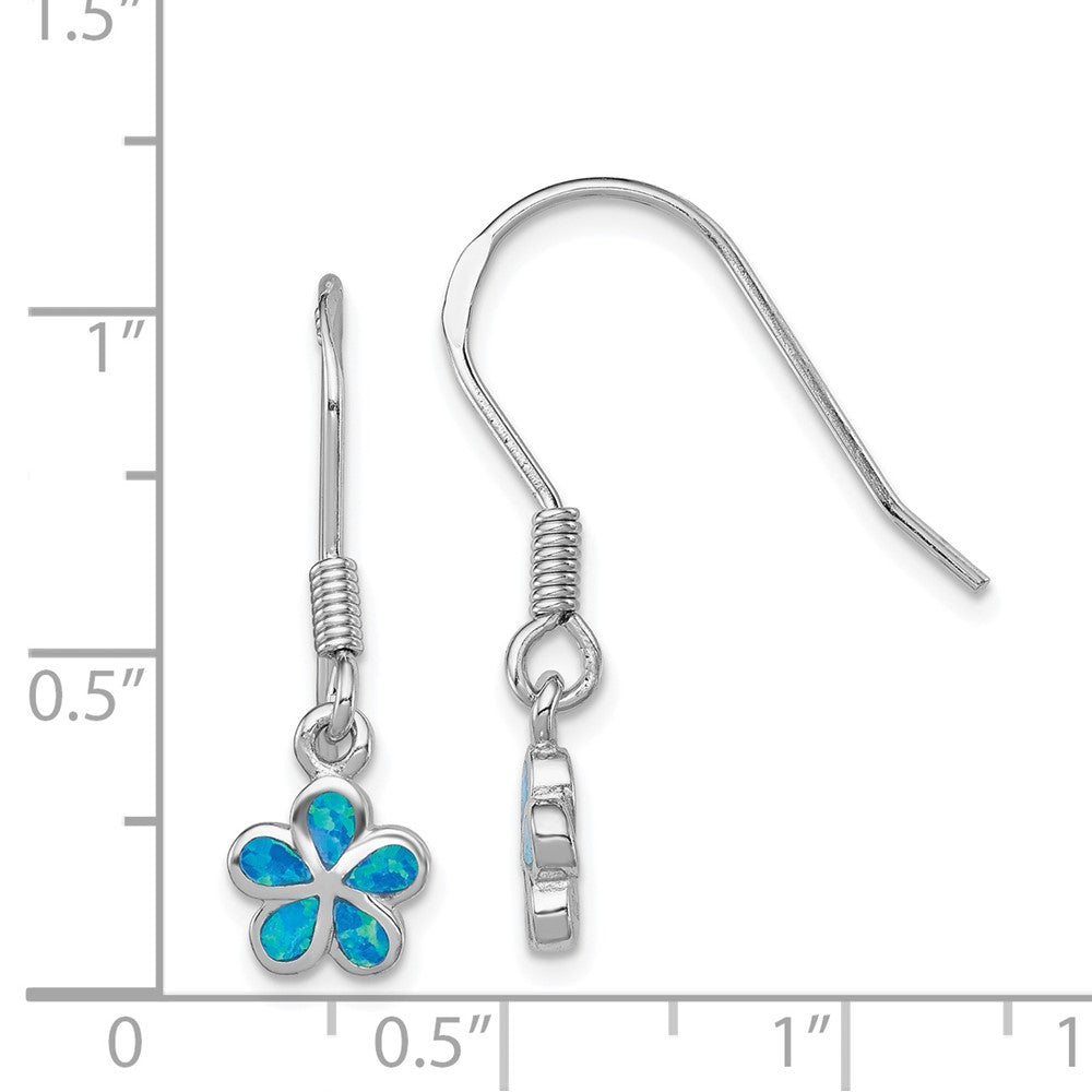 Sterling Silver Created Blue Opal Inlay Flower Dangle Earrings