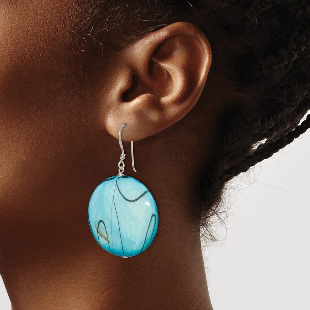 Sterling Silver Mother of Pearl Blue Disc Earrings