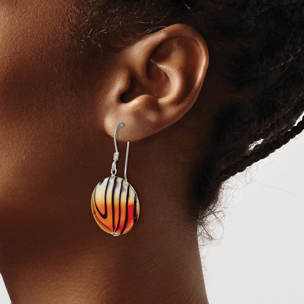 Sterling Silver Mother of Pearl Orange and Black Disc Earrings