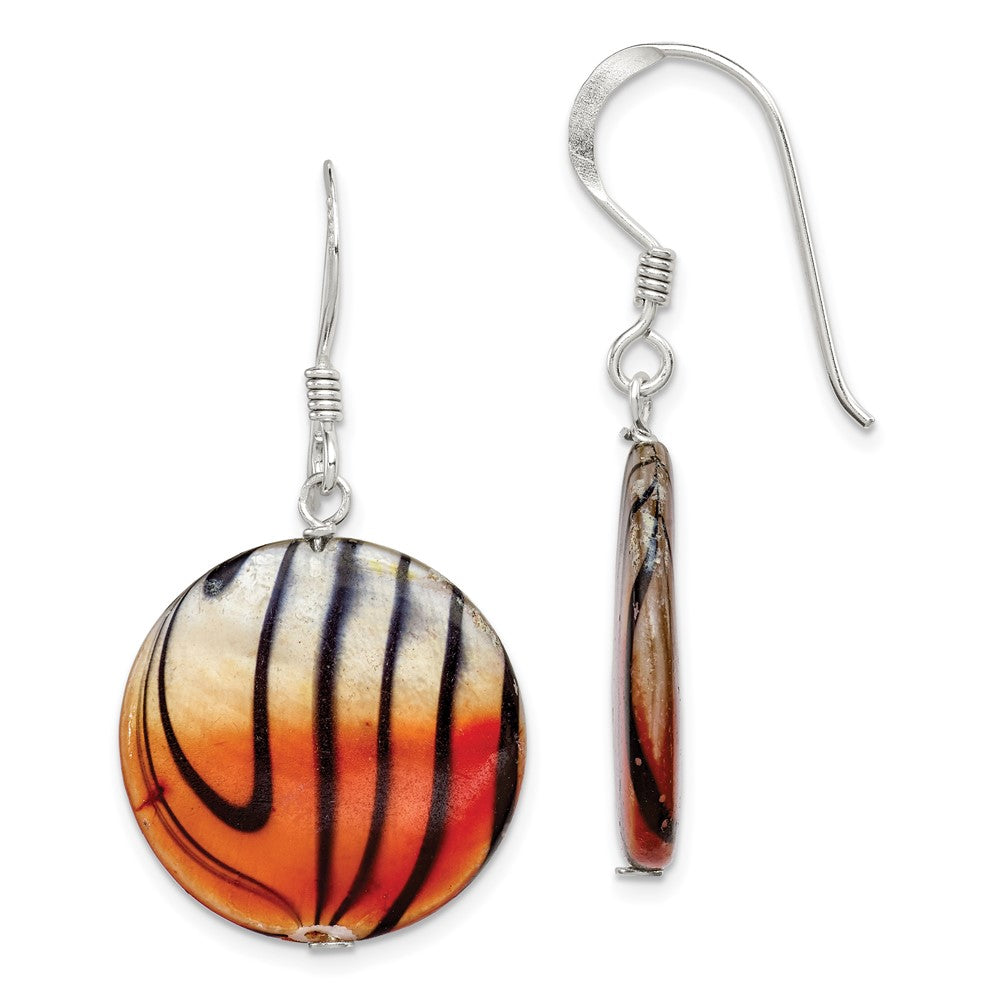 Sterling Silver Mother of Pearl Orange and Black Disc Earrings