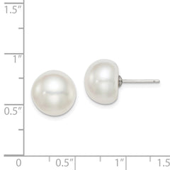 Rhodium-plated Silver 11-12mm White FWC Button Pearl Earrings
