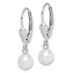 Rhodium-plated Sterling Silver 6-7mm White FWC Pearl Leverback Earrings