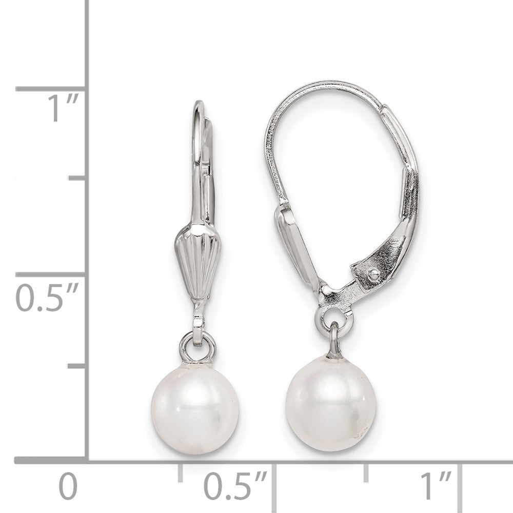 Rhodium-plated Sterling Silver 6-7mm White FWC Pearl Leverback Earrings