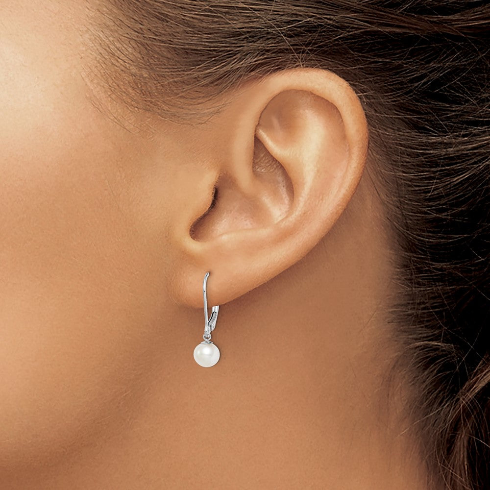 Rhodium-plated Sterling Silver 6-7mm White FWC Pearl Leverback Earrings