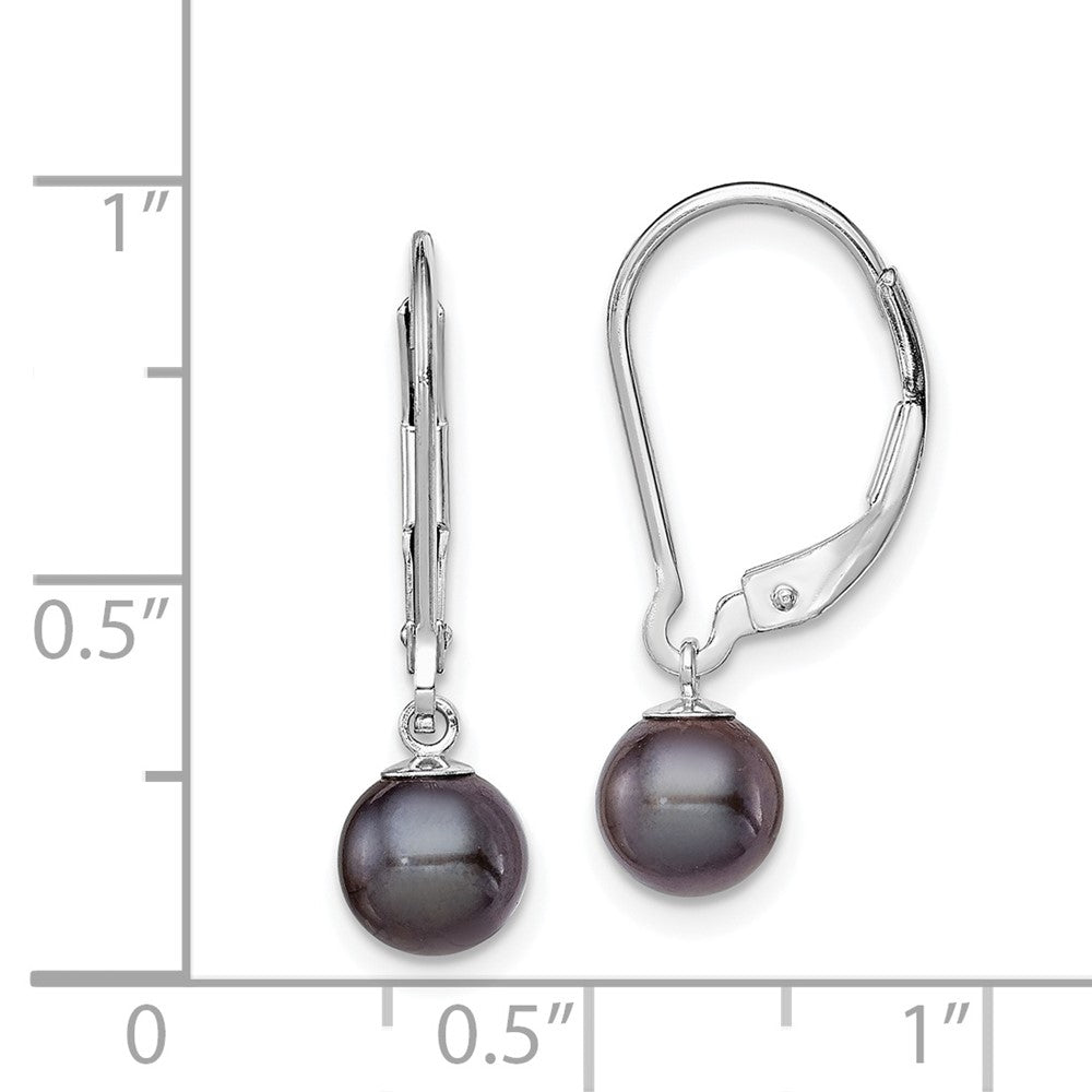 Rhodium-plated Sterling Silver 6-7mm Black FWC Pearl Leverback Earrings