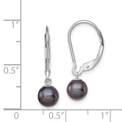 Rhodium-plated Sterling Silver 6-7mm Black FWC Pearl Leverback Earrings