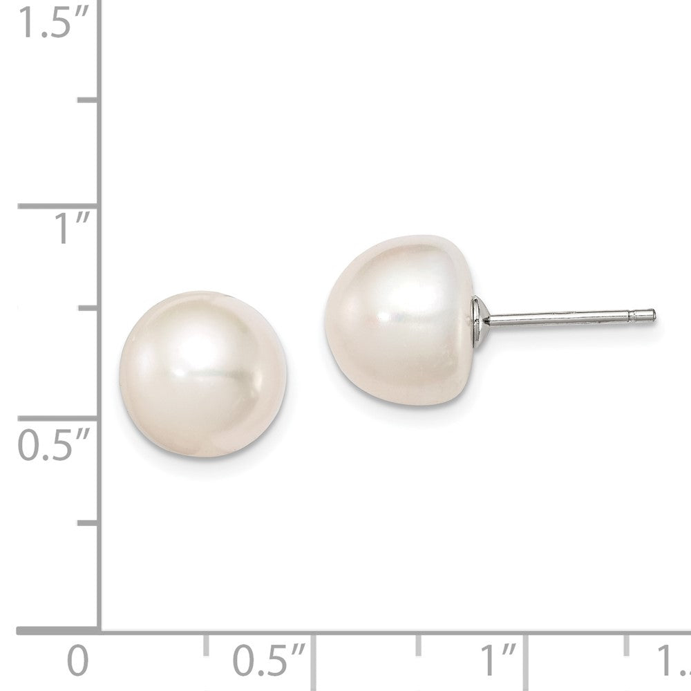 Rhodium-plated Silver 10-11mm White FWC Button Pearl Earrings