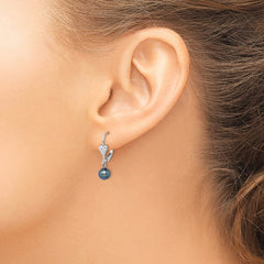 Rhodium-plated Sterling Silver 6-7mm Black FWC Pearl Leverback Earrings