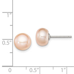 Rhodium-plated Silver 8-9mm Pink FWC Button Pearl Stud Earrings