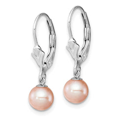 Rhodium-plated Sterling Silver 6-7mm Pink FWC Pearl Leverback Earrings