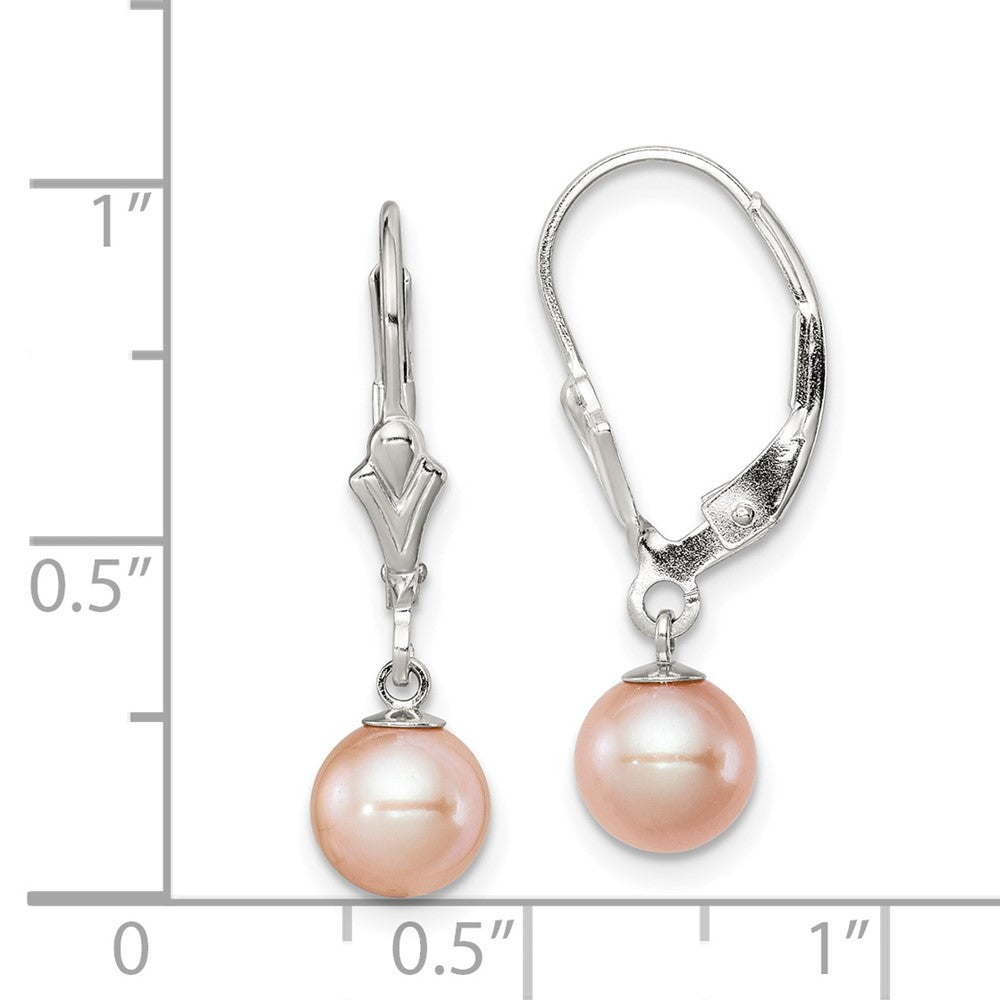 Rhodium-plated Sterling Silver 6-7mm Pink FWC Pearl Leverback Earrings