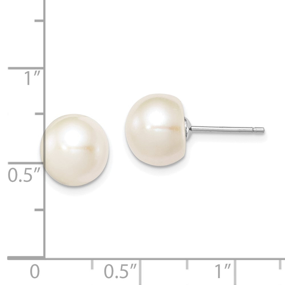 Rhodium-plated Silver 9-10mm White FWC Button Pearl Earrings