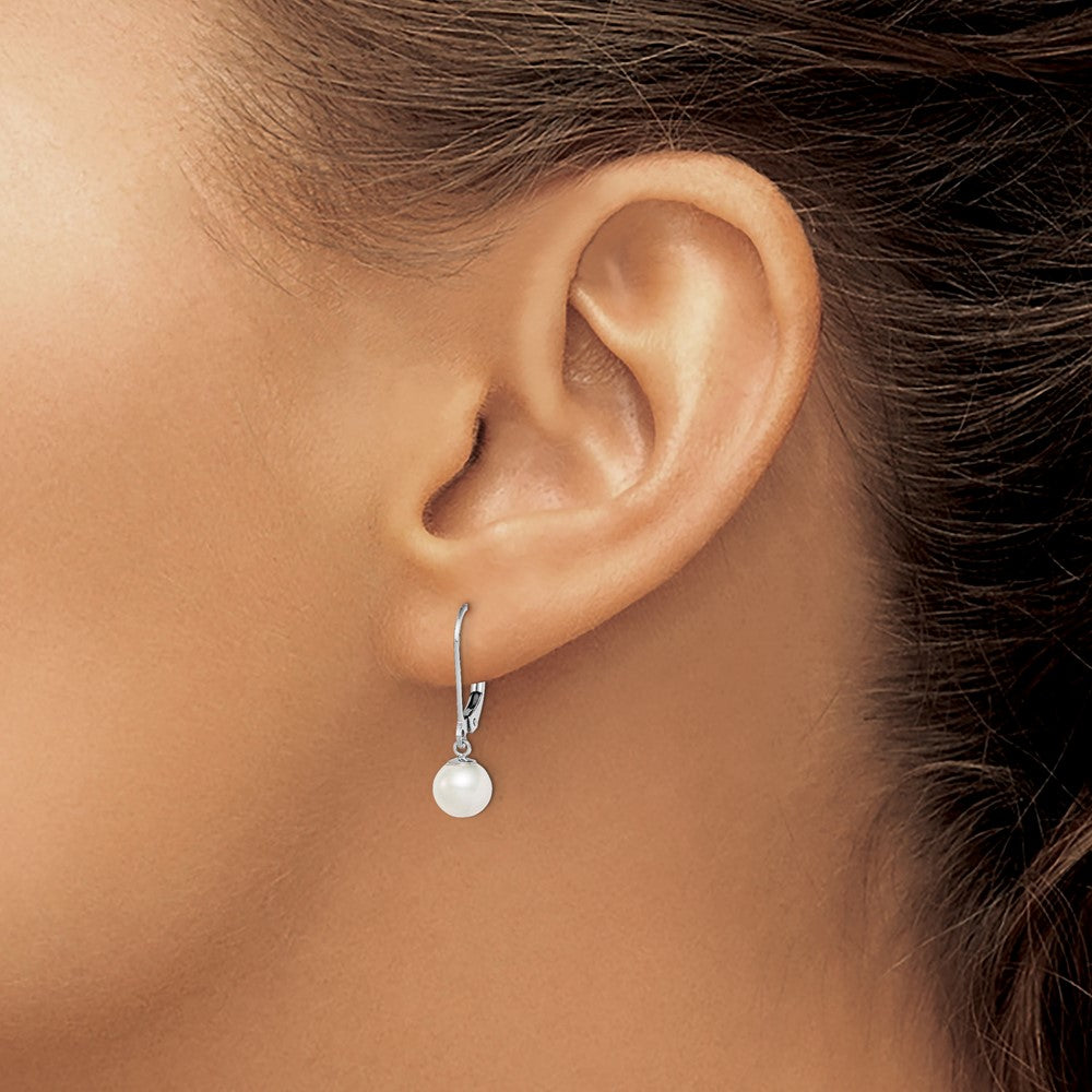 Rhodium-plated Sterling Silver 6-7mm White FWC Pearl Leverback Earrings