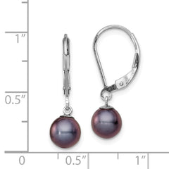 Rhodium-plated Sterling Silver 6-7mm Black FWC Pearl Leverback Earrings