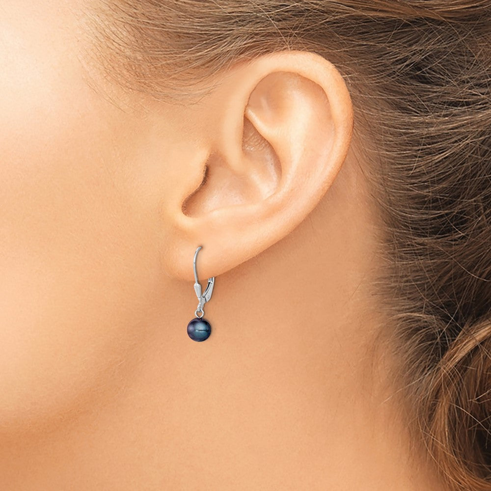 Rhodium-plated Sterling Silver 6-7mm Black FWC Pearl Leverback Earrings