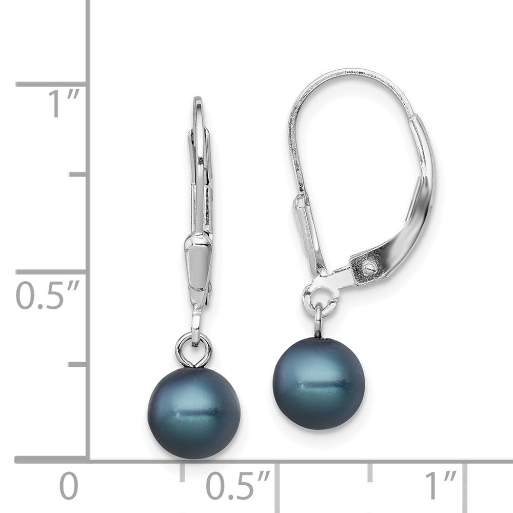 Rhodium-plated Sterling Silver 6-7mm Black FWC Pearl Leverback Earrings