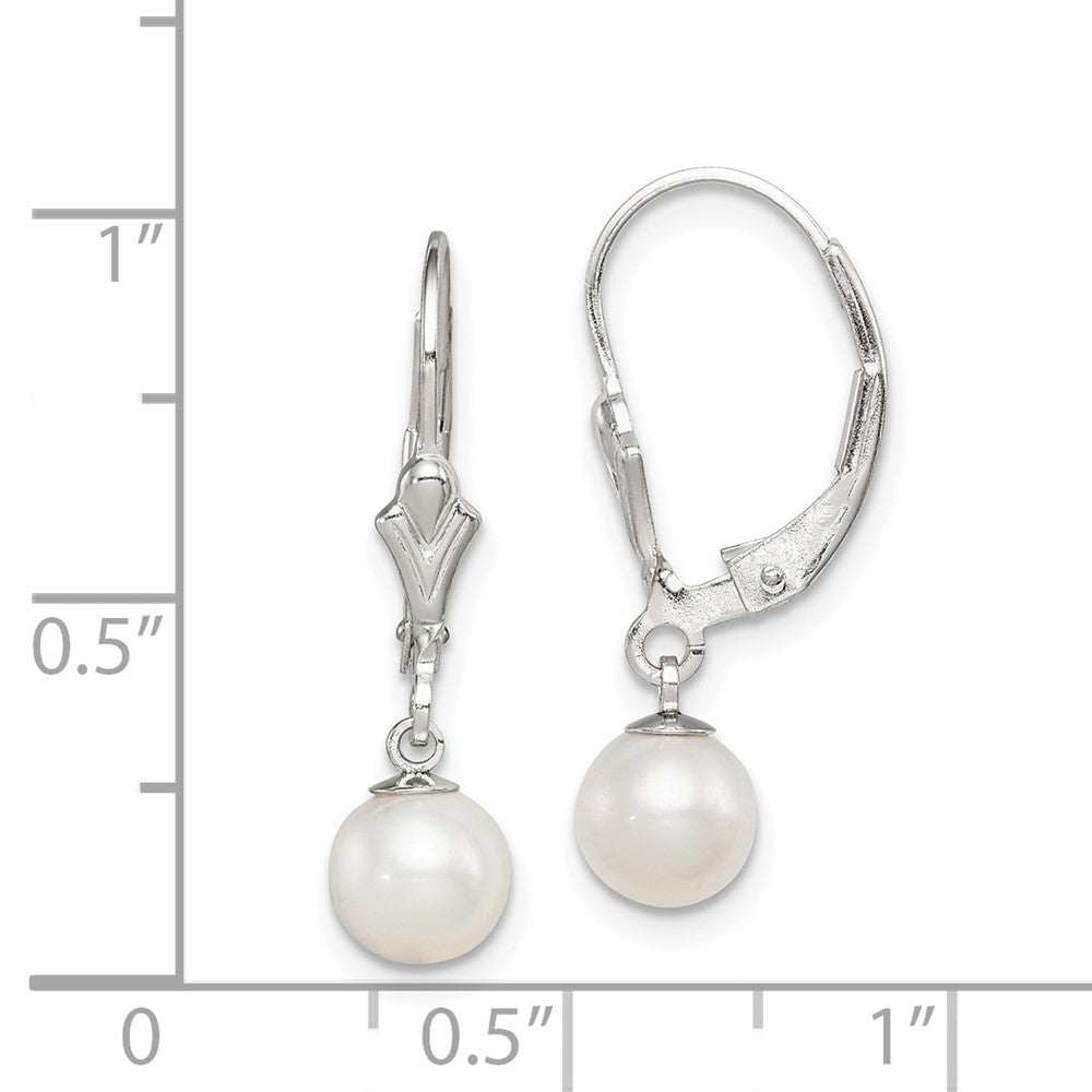 Rhodium-plated Sterling Silver 6-7mm White FWC Pearl Leverback Earrings