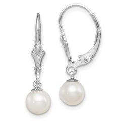 Rhodium-plated Sterling Silver 6-7mm White FWC Pearl Leverback Earrings
