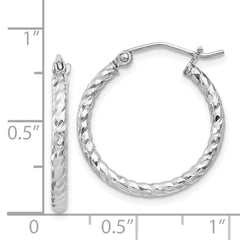 Rhodium-plated Sterling Silver Diamond-cut 2x20mm Hoop Earrings