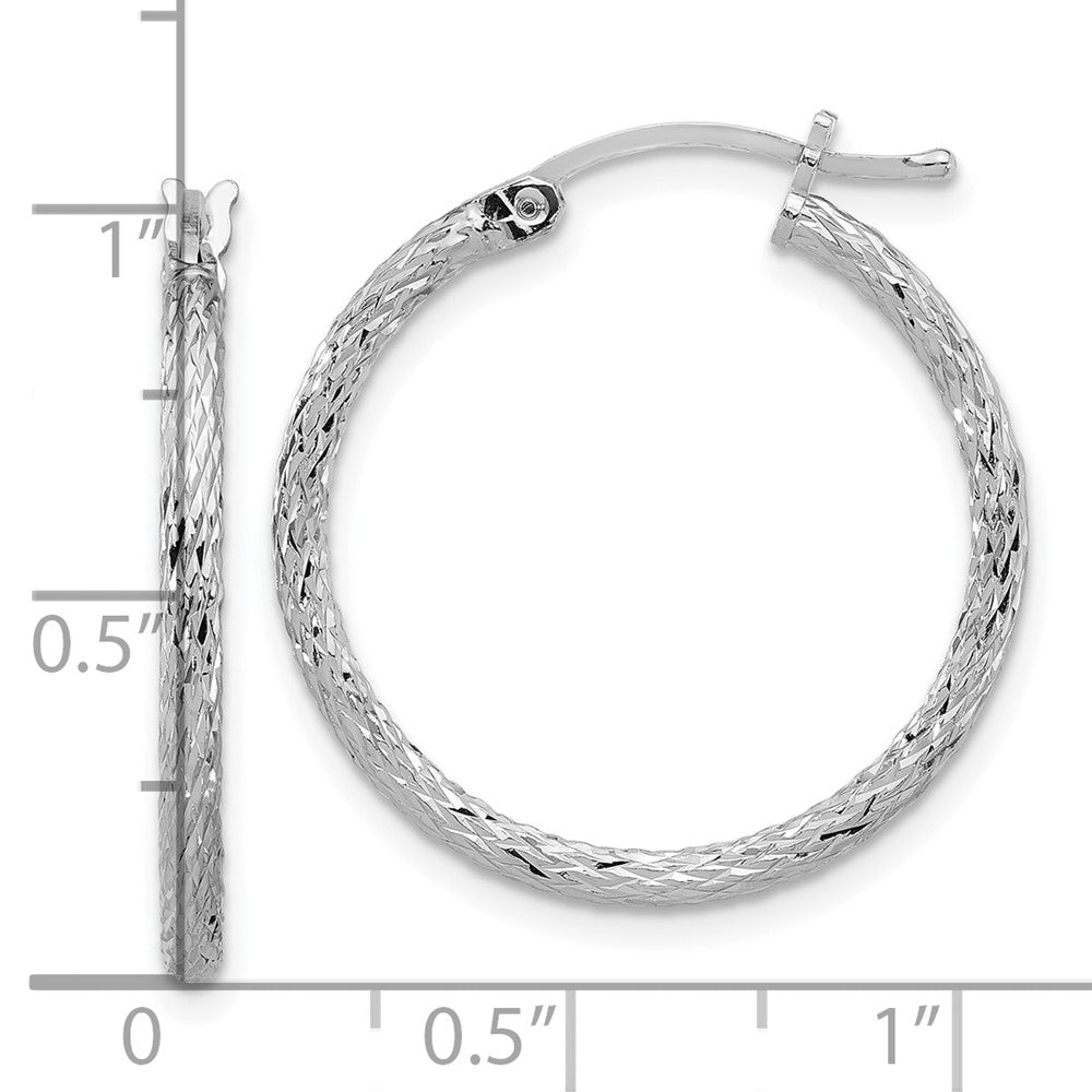Rhodium-plated Sterling Silver Diamond-cut 2x25mm Hoop Earrings