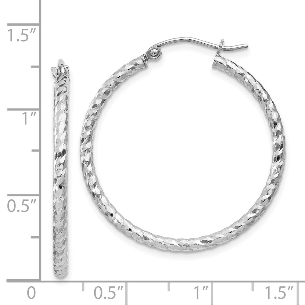 Rhodium-plated Sterling Silver Diamond-cut 2x30mm Hoop Earrings