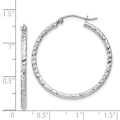 Rhodium-plated Sterling Silver Diamond-cut 2x30mm Hoop Earrings
