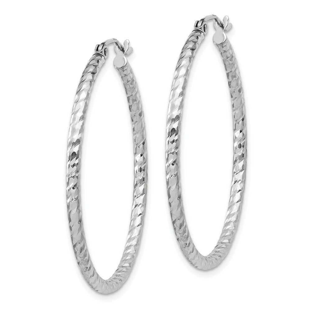 Rhodium-plated Sterling Silver Diamond-cut 2x35mm Hoop Earrings