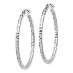 Rhodium-plated Sterling Silver Diamond-cut 2x35mm Hoop Earrings