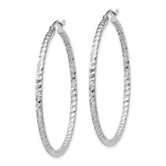 Rhodium-plated Sterling Silver Diamond-cut 2x40mm Hoop Earrings