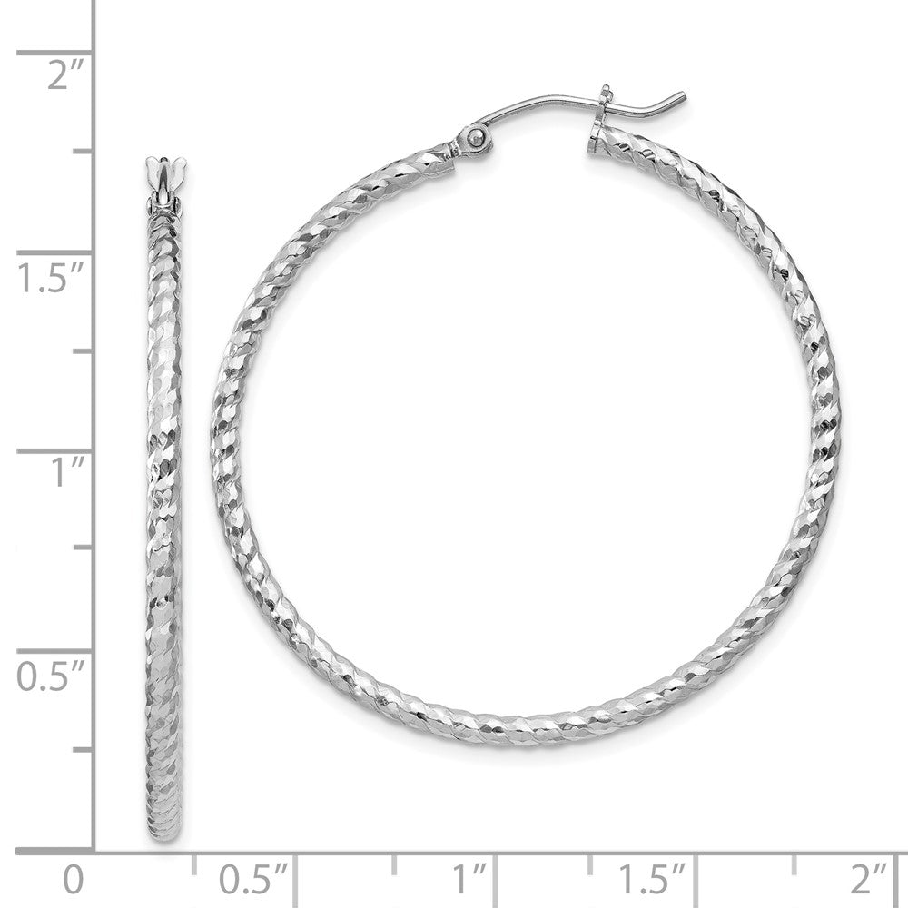 Rhodium-plated Sterling Silver Diamond-cut 2x40mm Hoop Earrings